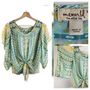 One World Womens S Sheer Cropped Top Green- Boho Multicolor‎ Vacation Summer